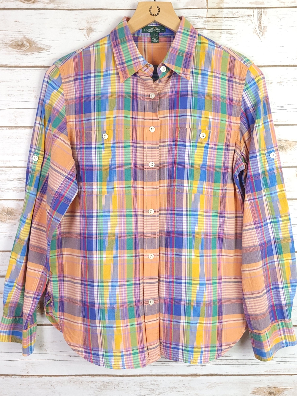 Lauren Ralph Lauren Top Womens Medium Indian Madras Plaid Long Sleeve Roll Tab